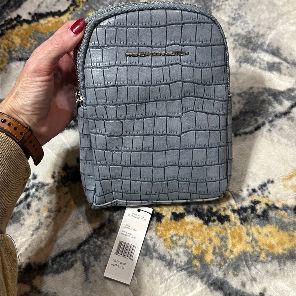 French Connection Shai Croc Sling Bag Denim Blue Faux Croc Crossbody NWT